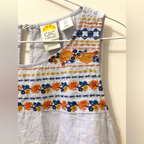 Sleeveless 100% linen embroidered blue a-line dress - Picture 1 of 6